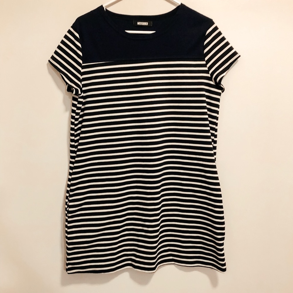 Navy & white striped shift dress